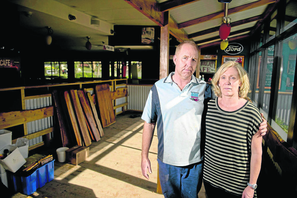 DEVASTATED: Hog’s Breath Cafe owners Darren and Sheree Kearns say it could take up to six weeks to totally build their restaurant in the Chelmsford Centre.  	Picture by PERRY DUFFIN 120515PD999