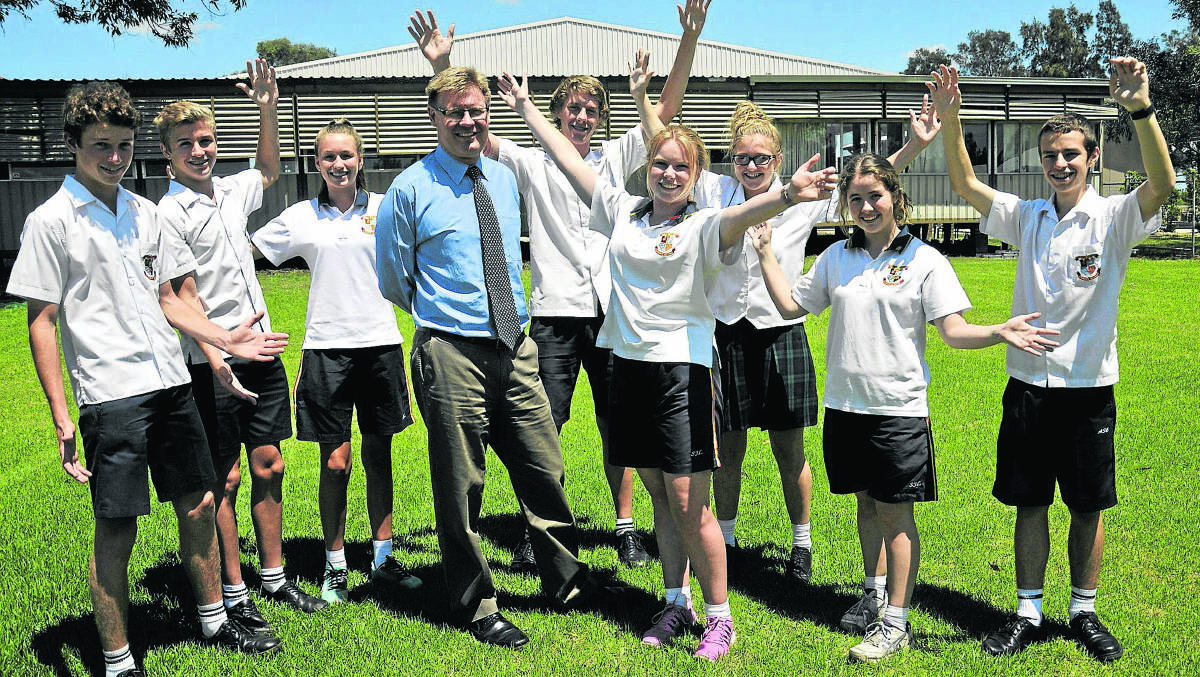 School leaders at All Saints College Lochinvar on the site of their soon to-be-built multi-purpose hall (from left) Glyn Hayes, Mitchell Harvey, Georgia Jenkins, principal Paul Greaves, Will Myers, Laura Rumbel, Josephine Everett, Chloe Parker and Isaac Gill.  
