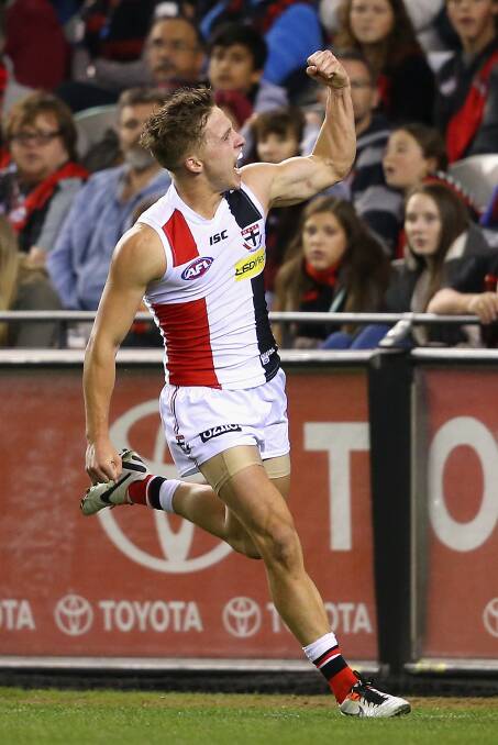 Jack Billings of the Saints celebrates kicking a goal during the round five AFL match between the Essendon Bombers and the St Kilda Saints at Etihad Stadium on April 19, 2014 in Melbourne, Australia. Photo: Quinn Rooney/Getty Images.