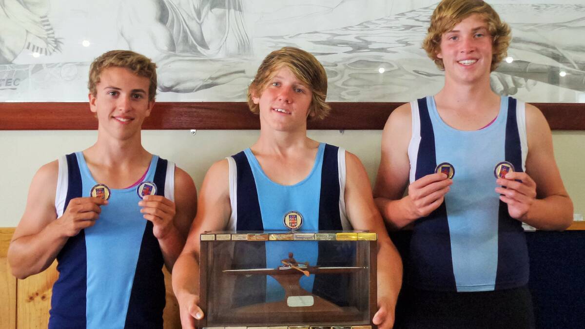 GOLD AND SILVER: Robert Weatherall, Brendan Budworth and Jack Davey with their medals from the Combined High School Rowing Championships.