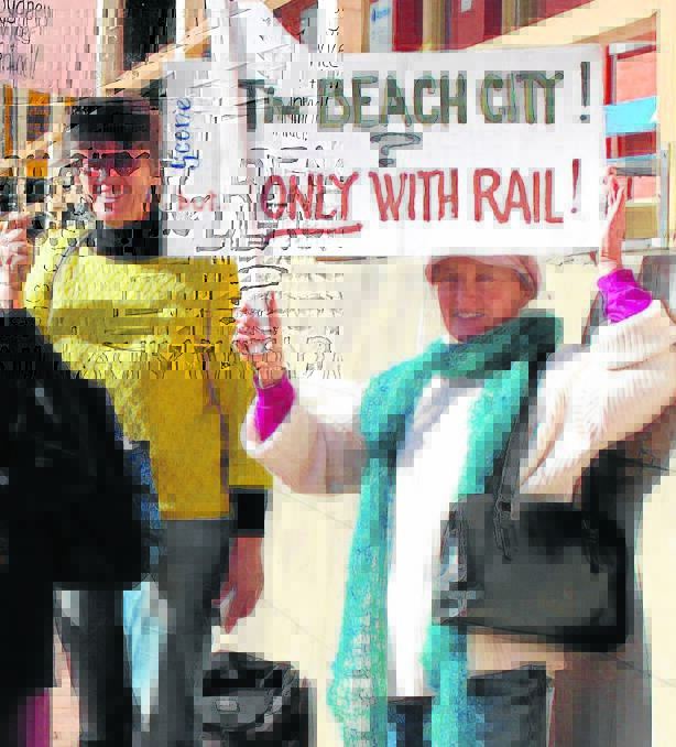 Save Our Rail activists Wendy Wales from Muswellbrook and Bev Atkinson of Scone on their way to the rally last week.