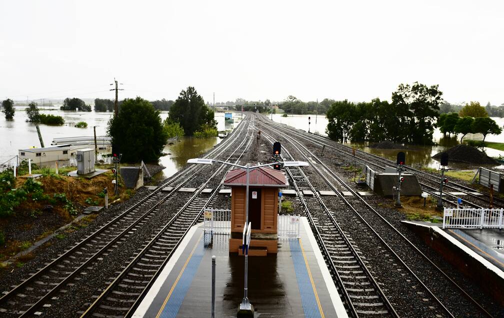 Floodwater on the Hunter line on Wednesday of the 2015 Superstorm. Picture: PERRY DUFFIN