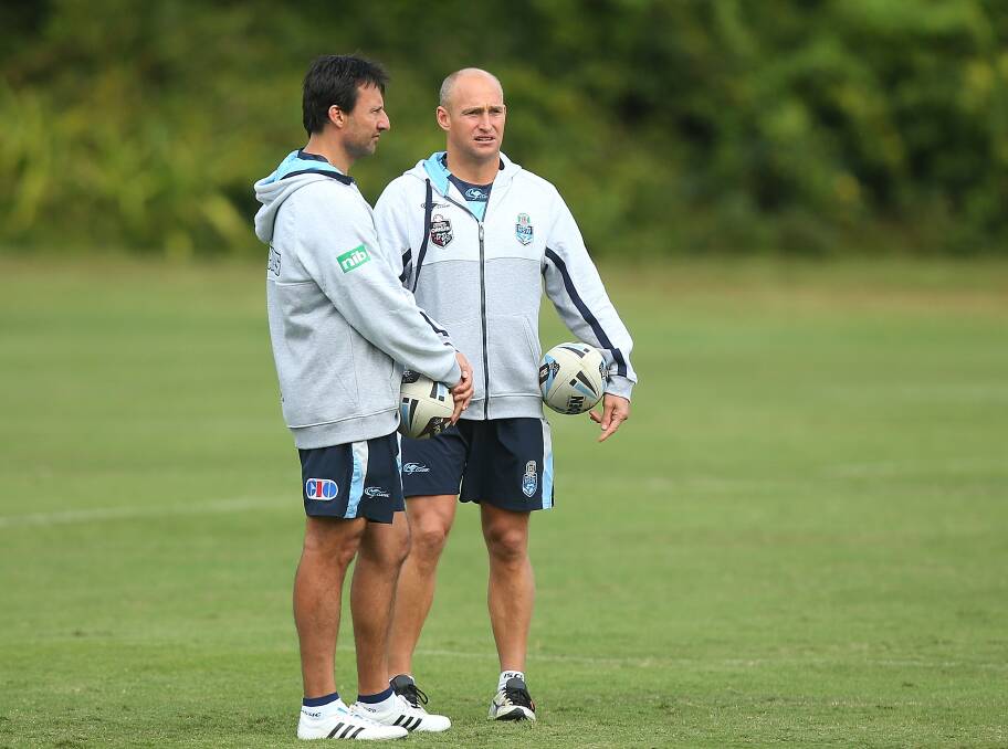 Laurie Daley and new Knights coach Nathan Brown in the NSW Blues training camp