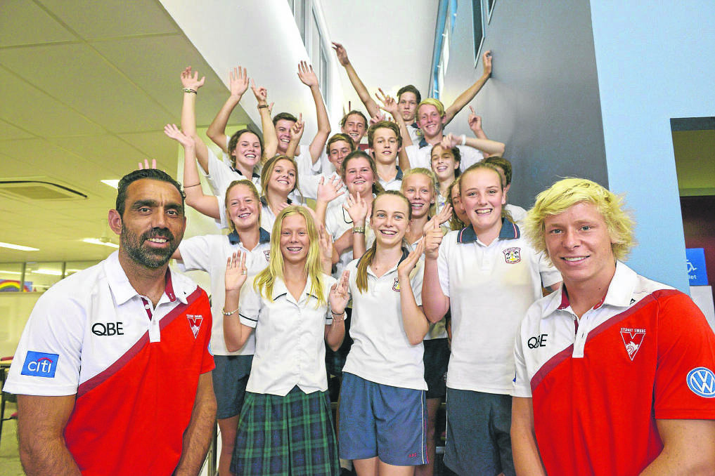 SWANS VISIT: Sydney Swans players Adam Goodes and Isaac Heeney visited All Saints College, St Peter's Campus last week.