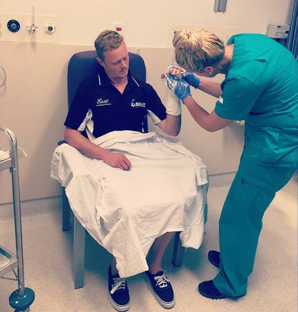INJURY: Maitland Magpies goalkeeper Benn 'Rabbit' Kelly is put in a half-cast after injuring his hand.