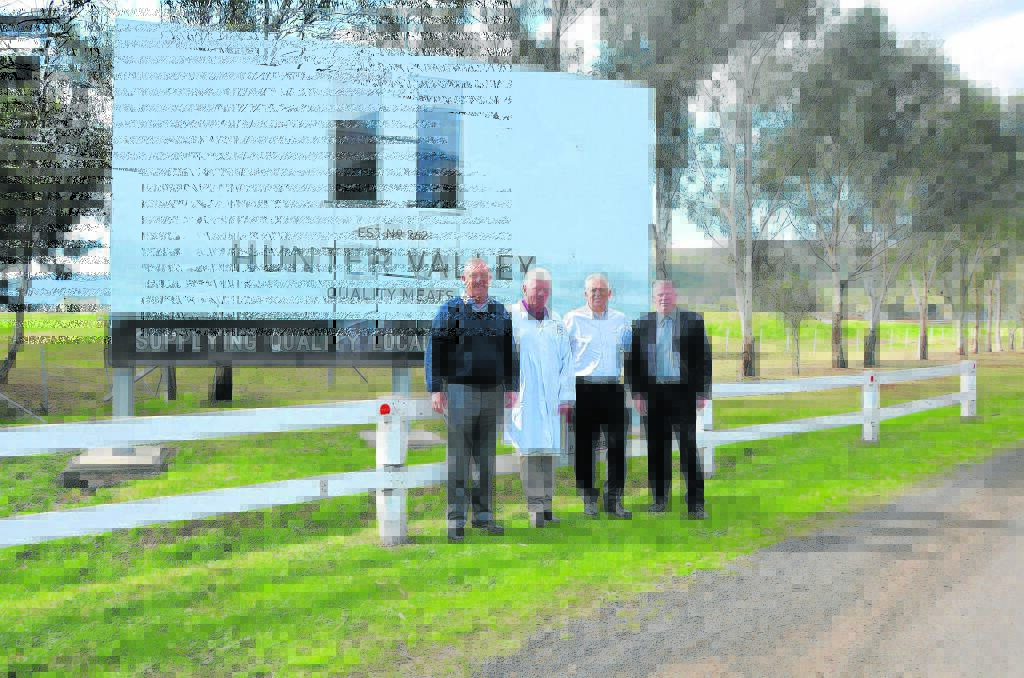 BUILDING THE ECONOMY:  Upper Hunter Shire mayor Michael Johnsen, Hunter Valley Quality Meats chief executive officer Peter Allen, Primo Smallgoods chief executive officer Paul Lederer and Upper Hunter Shire Council general manager Waid Crockett are looking forward to the expansion of the beef production enterprise.	 Photo courtesy of Scone Advocate
