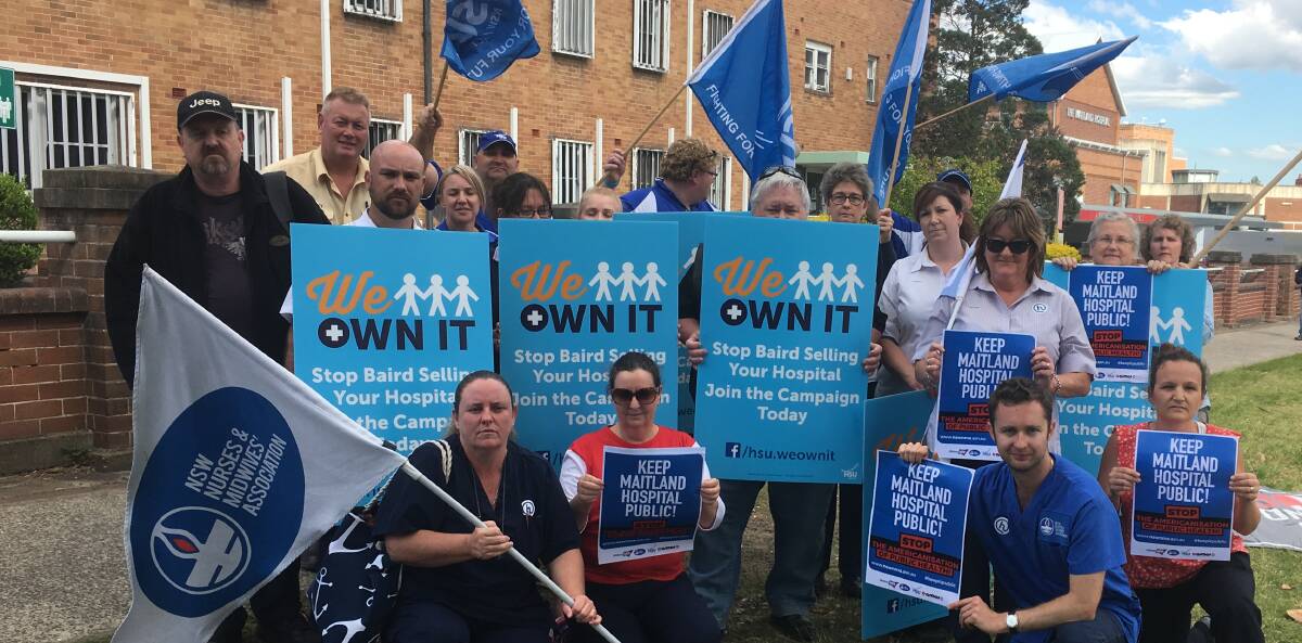 Protest: Health workers spread the word about a rally on Sunday against plans for a public-private partnership for the new Maitland hospital.