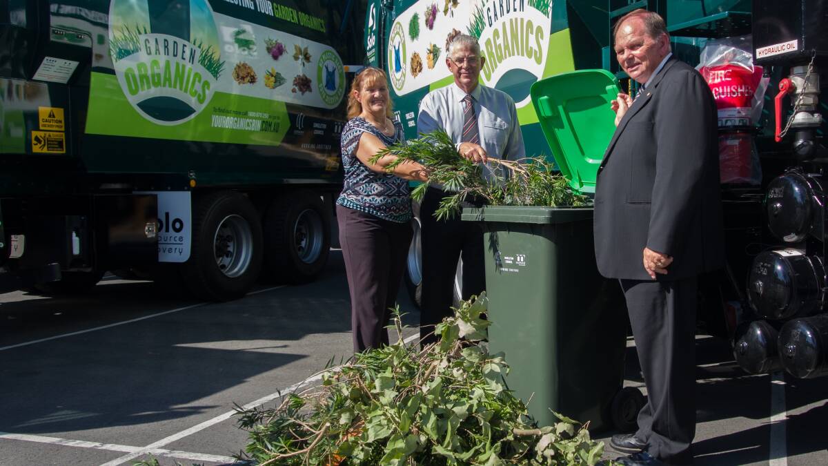 Green thumbs: Singleton Mayor Cr Sue Moore, Cessnock Mayor Cr Bob Pynsent and Maitland Mayor Cr Peter Blackmore at the official launch of the new green bin initiative on February 16. Picture: Nick Bielby