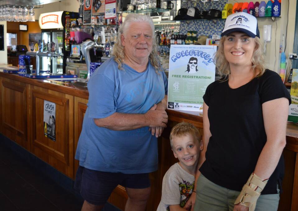 Kurri's finest: Mulleted man Kevin Johnson with his daughter in law Laura - who owns the Chelmsford Hotel - and her son.