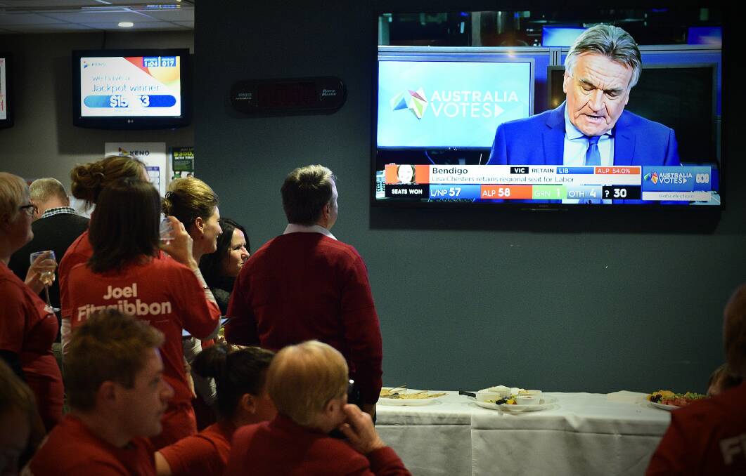 Hunter MP Joel Fitzgibbon and supporters watch results come in on election night. Picture: PERRY DUFFIN