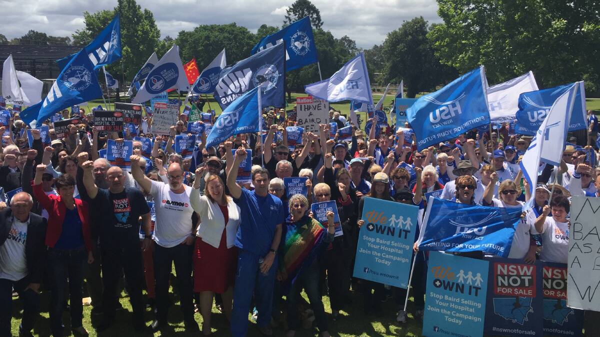 Protest: Hundreds rally against the privatisation of the new Maitland hospital on Sunday. Picture: Nick Bielby
