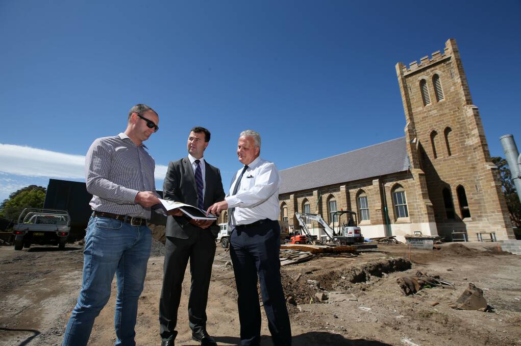Renewal: Architect Kurt Daley, Diocese of Maitland-Newcastle Vice Chancellor of Administration Sean Scanlon and diocese manager of property and assets Ray Bowen at the Maitland cathedral precinct. Picture: Max Mason-Hubers