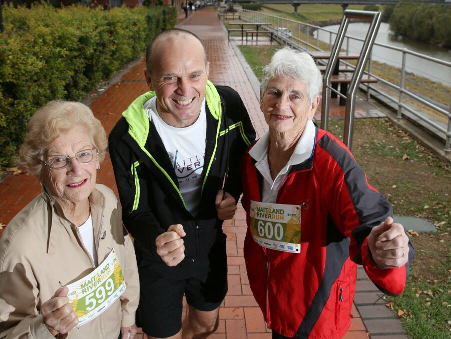 READY TO GO: River Run organiser Paul Humphreys with Betty Maxwell of East Maitland, and his mother Maureen Humphreys of East Maitland. Picture: MAX MASON-HUBERS 