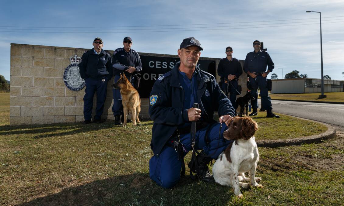 SAFETY: Corrective Services NSW Security Operations Group (Northern) with the dog unit outside Cessnock jail. Picture: Max Mason-Hubers