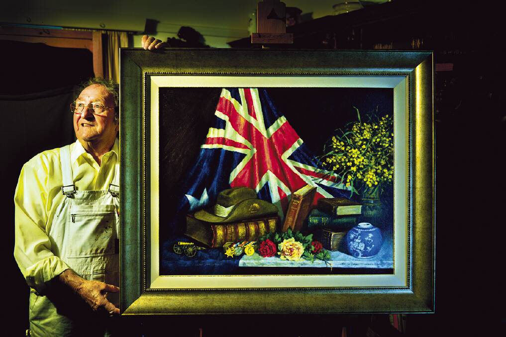 TRIBUTE:  Rutherford artist Jim Casey with the painting he created in honour of his “poppy” Patrick John McGrath, who served in World War I. PJ McGrath lived with Mr Casey’s family when he was a young boy. The two were best mates during the Depression years and McGrath’s war medals were left to Mr Casey.  