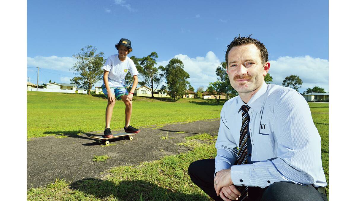 OFF THE COUCH:  Cr Ben Whiting with Justin Teale who is testing out the proposed site of a new skate park at East Maitland.