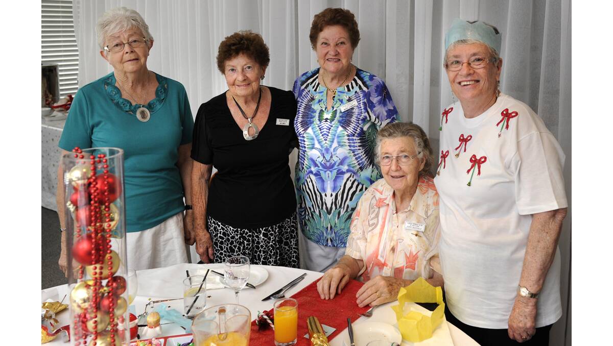 PROBUS:  Nell Martin of East Maitland, Jan Smith of Rutherford, Marie Cummin of Bolwarra Heights, Dawn McDonald of East Maitland and Jenny Welsh of Lorn at Maitland Ladies Probus Club’s Christmas party at the Old Maitland Inn