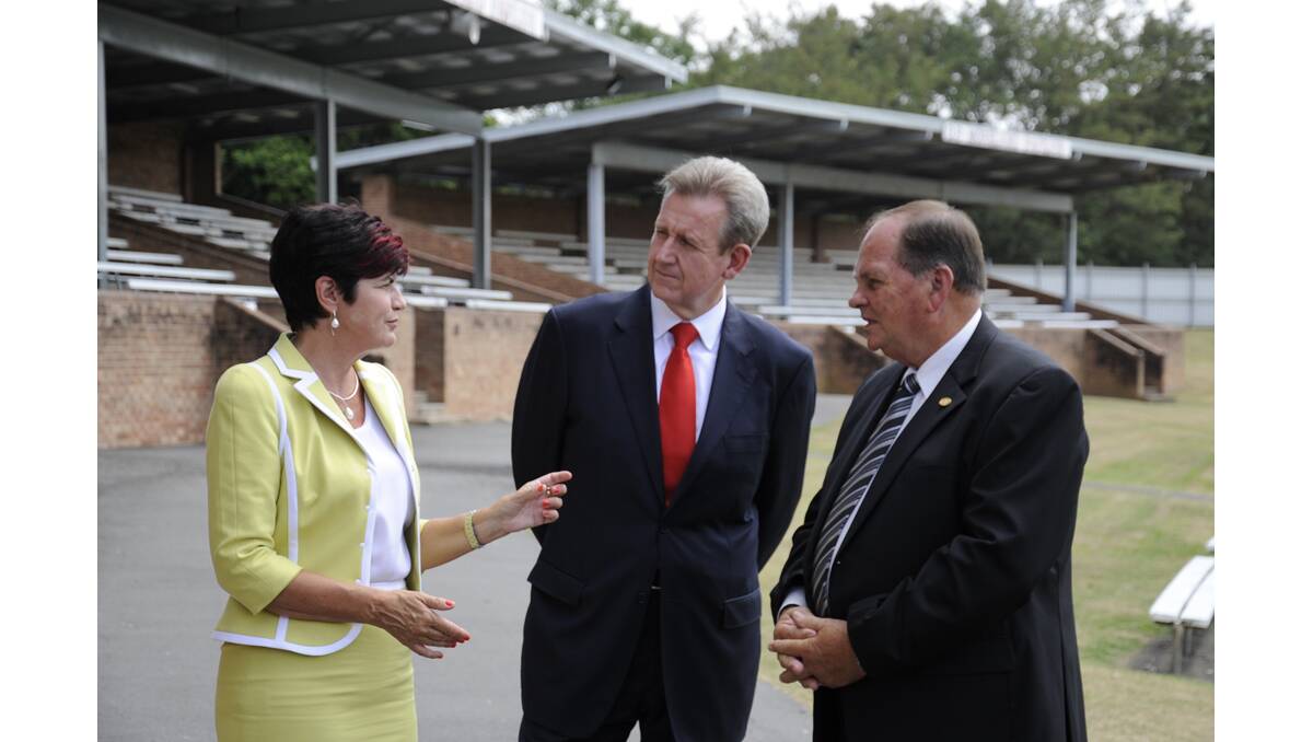NSW Environment and Heritage Minister Robyn Parker, NSW Premier Barry O'Farrell and mayor of Maitland, Cr Peter Blackmore at Maitland Sportsground.