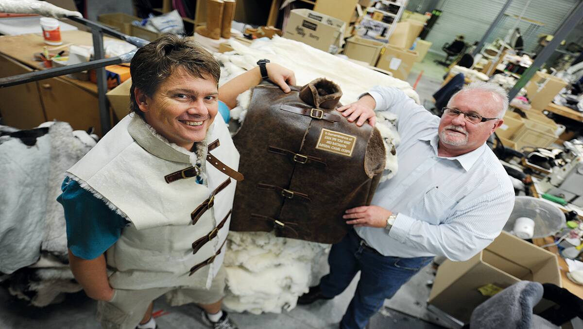 TURNING BACK THE CLOCK:  Tony Mortel with John Gillam and replicas of the sheepskin vest.