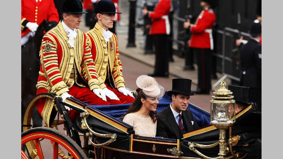 Catherine, Duchess of Cambridge, Prince William, Duke of Cambridge and Prince Harry are seen during the Diamond Jubilee carriage procession in June 2012. Picture: Getty Images