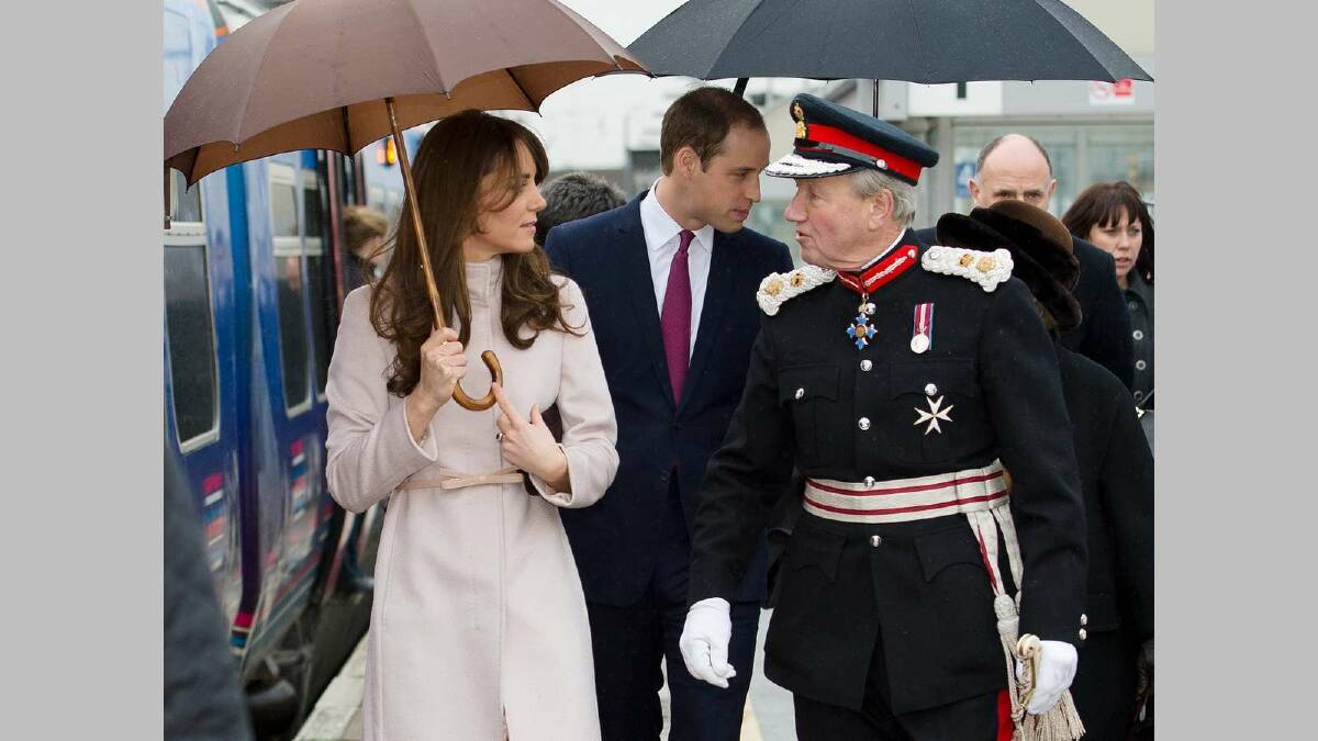  Catherine, Duchess of Cambridge and Prince William, Duke of Cambridge are greeted by the Lord Lieutenant of Cambridgeshire as they arrive at Cambridge station in November 2012. Picture: Getty Images