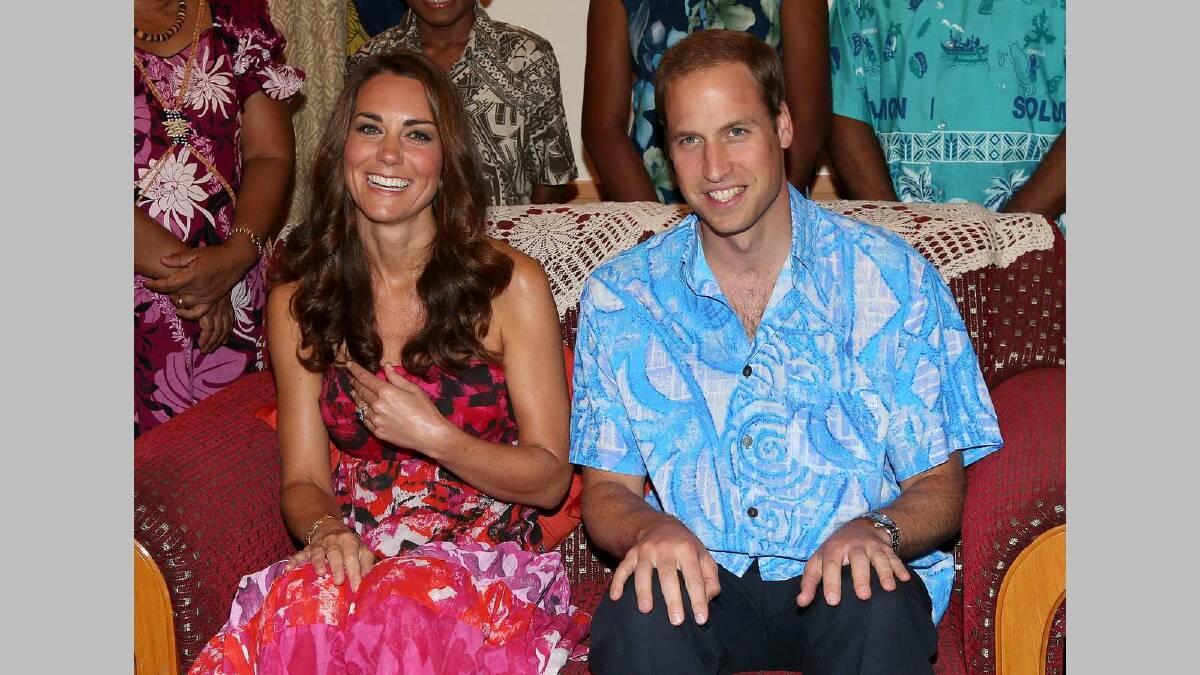 Catherine, Duchess of Cambridge and Prince William, Duke of Cambridge pose in traditional Island clothing as they visit the Governor General's house on their Diamond Jubilee tour of the Far East on September 16, 2012 in Honiara, Guadalcanal Island. Picture: Getty Images