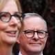Australian Opposition Leader Anthony Albanese listens to former Australian prime minister Julia Gillard speak to the media during a press conference in Adelaide on Friday. Picture: AAP