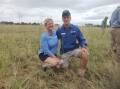 Steven and Cindy Scott, Glen Elgin Angus stud, Henty, are at a field day on their property in April checking the progress of one of their premier digit grass stands.