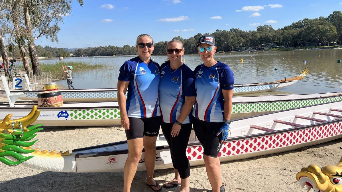 Hunter River Dragons and team NSW dragon boaters Karen Montgomery, Michele Thomas and Meghan Gayford. Picture supplied.