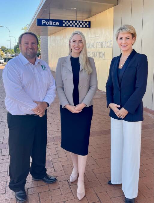 CRIME DETERRENT: President of NSW Neighbourhood Watch Cr Bill Hackney, Liberal candidate for Paterson Brooke Vitnell and Federal Attorney-General senator Michaelia Cash at Raymond Terrace Police Station for the launch of the campaign.