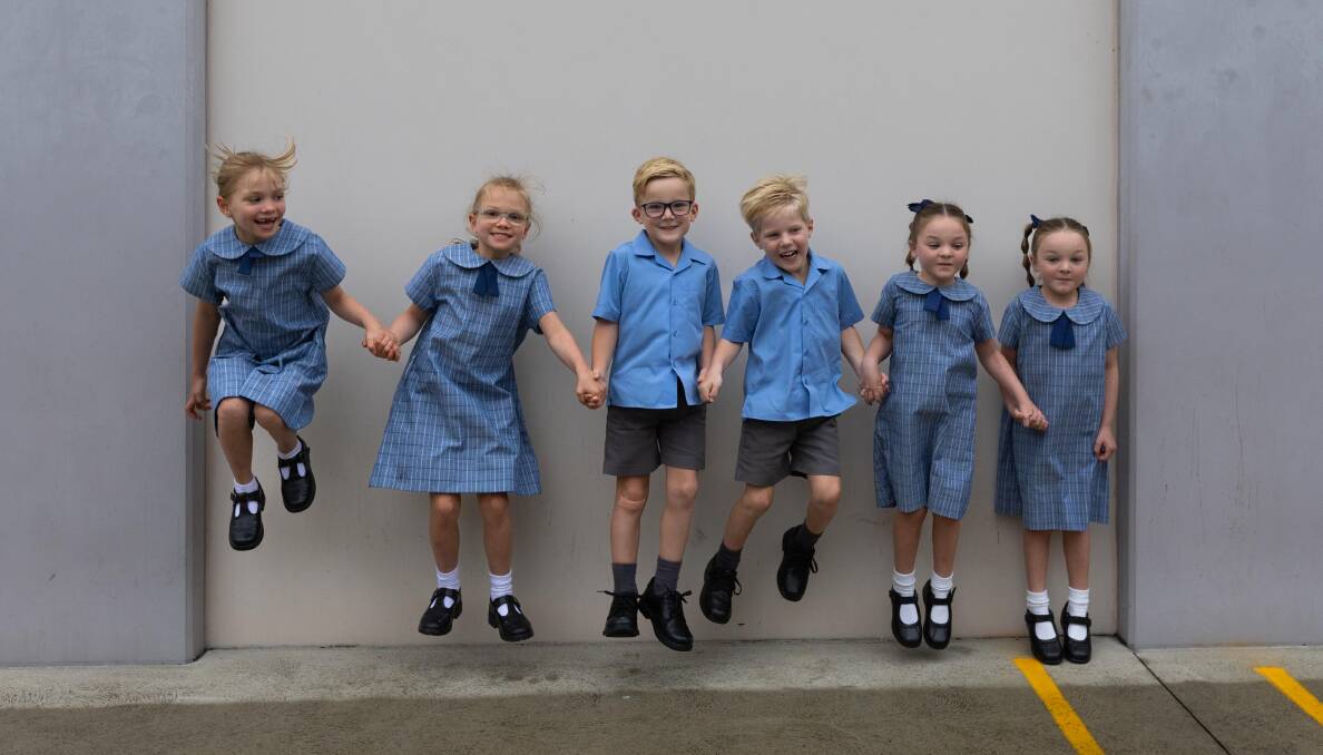 Twins Florence and Daphne, 6, Myles and Austyn, 5, and Harlow and Harper, 5, at St John the Baptist, Maitland. Picture by Jonathan Carroll