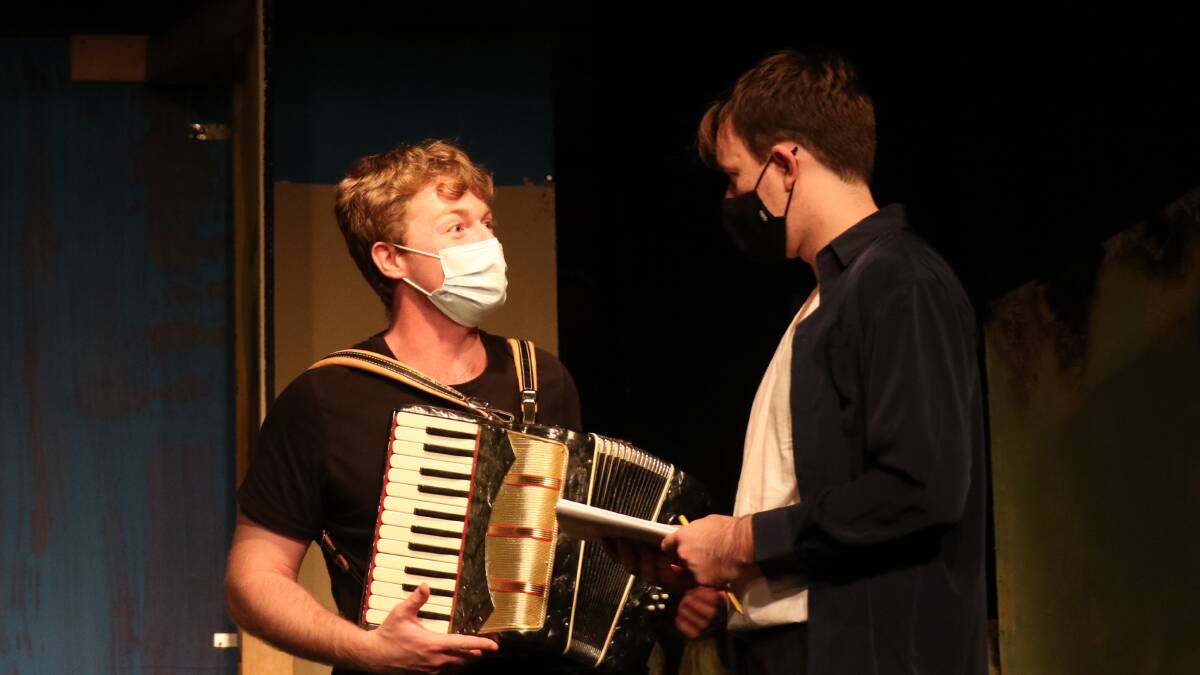 REHEARSALS: Luke Bell (Zac) and Thomas Henry (Nick) rehearsing with masks as a COVID safety measure. Picture: Anne Robinson.