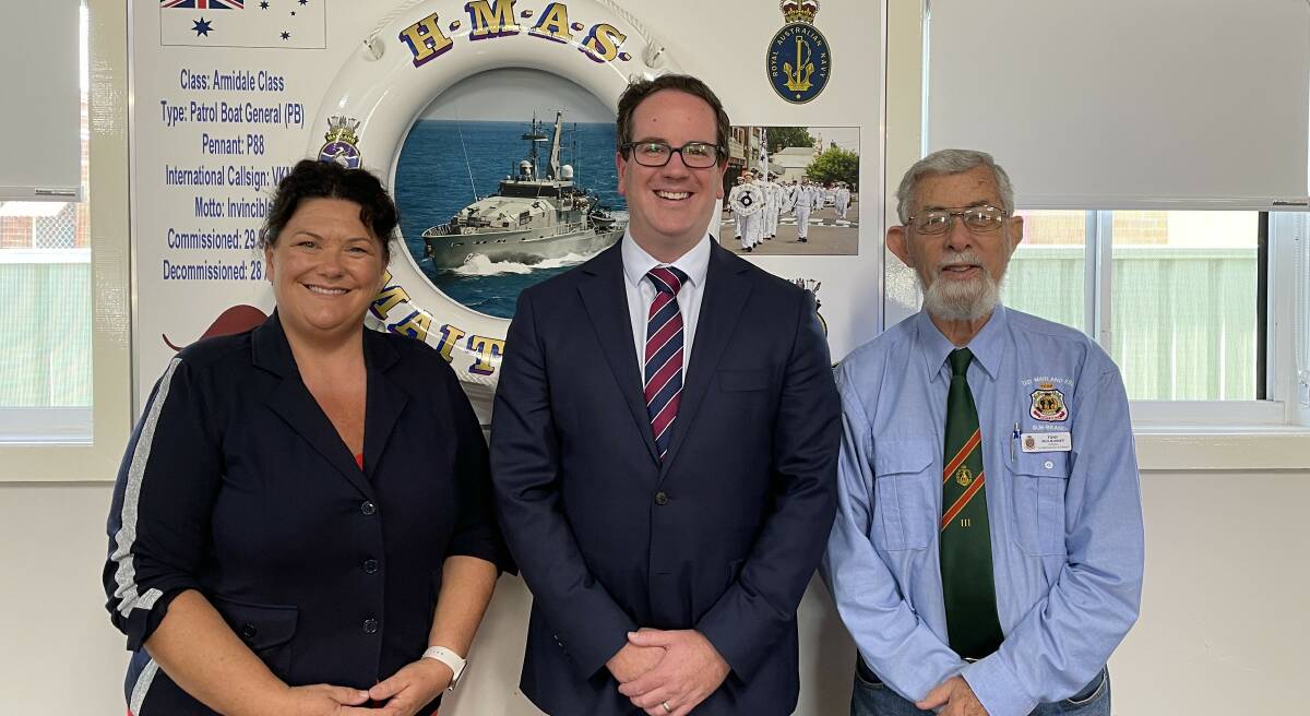 Member for Paterson Meryl Swanson, Minister for Veterans Affairs Matt Keogh and East Maitland RSL Sub-branch president Tony Mulquiney at the East Maitland War Memorial Centre. Picture by Chloe Coleman