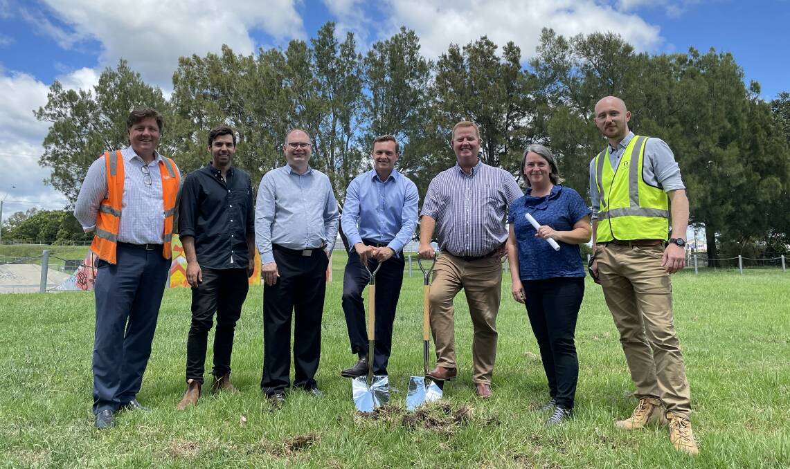 Staff from Built, Moir Landscape Architecture and Maitland City Council with Maitland Mayor Philip Penfold, Deputy Mayor Mitchell Griffin and parliamentary secretary for the Hunter Taylor Martin. Picture by Chloe Coleman.