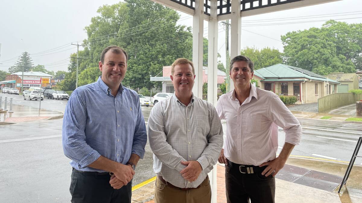 Minister for Regional Transport and Roads Sam Farraway, Maitland Mayor Philip Penfold and member for Upper Hunter Dave Layzell in Lorn on Monday, January 30. Picture by Chloe Coleman