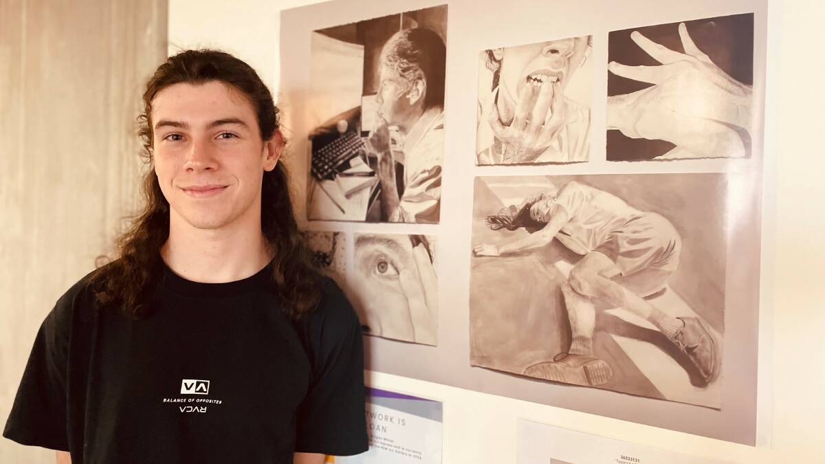 Egan White, 18, with his HSC visual arts work, which will be showcased in ARTEXPRESS. Picture supplied