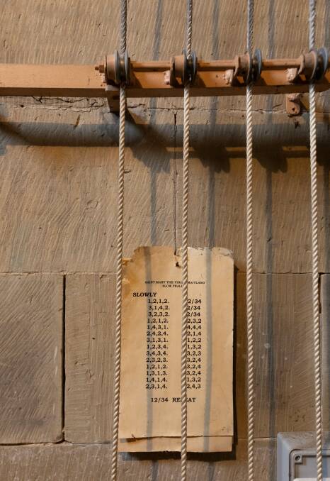 Ropes that connect to the St Mary's bells with very old papers instructing how to play different tunes. Picture by Marina Neil