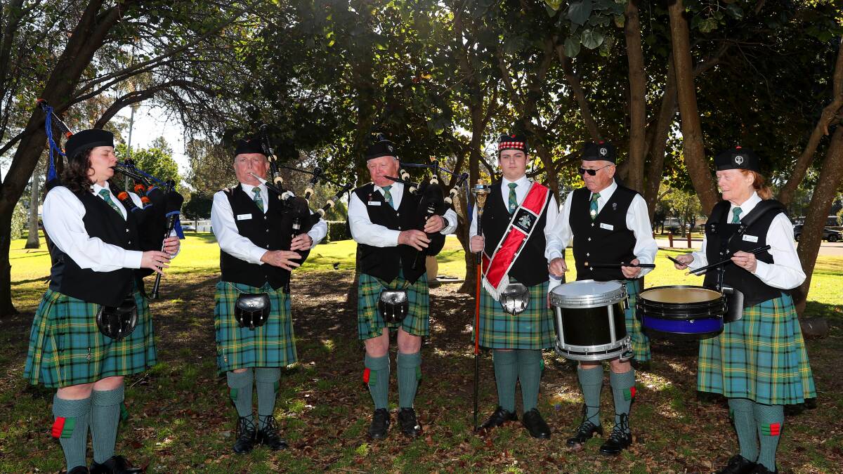 City of Maitland Pipes and Drums members Kelsey Philpott-Robinson, Ian Innes, Greg Queenan, Charlie Wilson, Greg Dewar and Jenny Matthews. Picture by Peter Lorimer