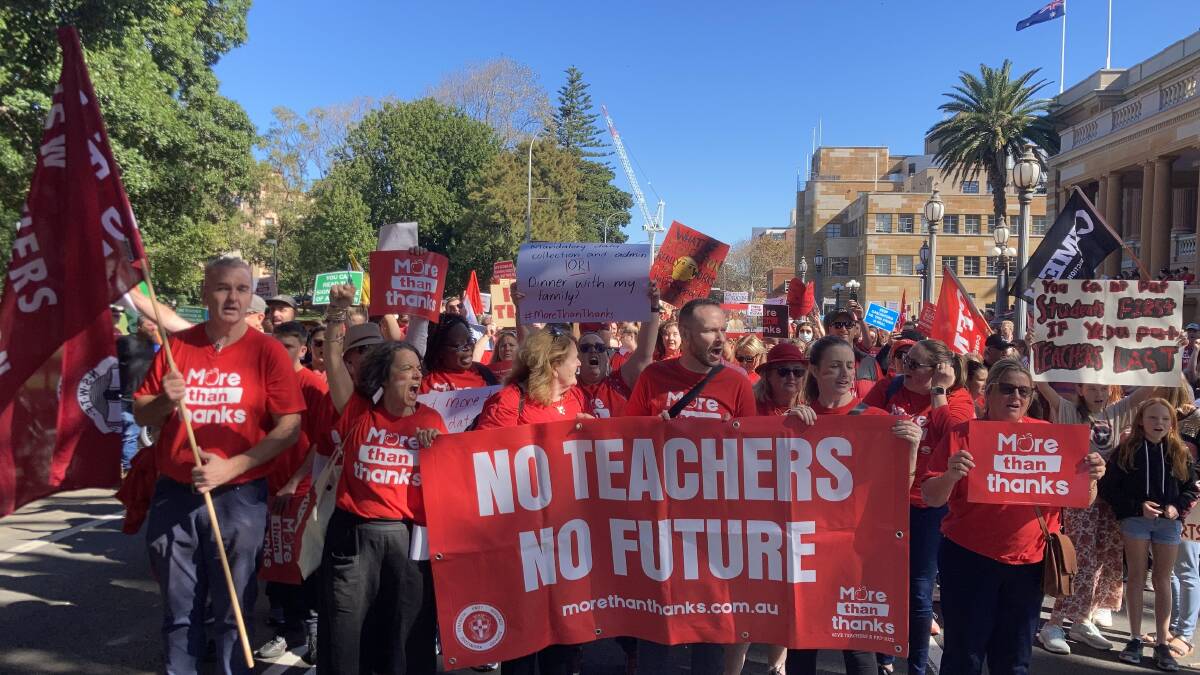 MORE THAN THANKS: Teachers from around the Hunter rallied in Newcastle on Wednesday, May 4 as part of the state-wide teacher strike. Pictures: Supplied. 