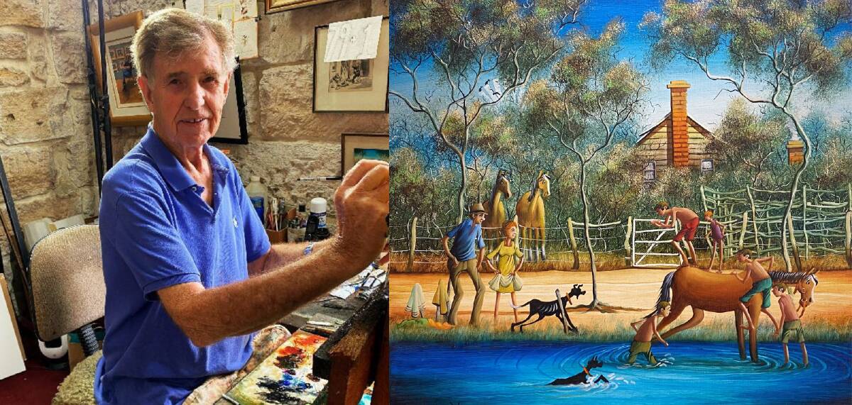VIVID: Max Mannix and his painting Dog Paddle (51cm x 51cm, oil on stretched canvas), which is on sale for $8,000. Picture: Supplied.