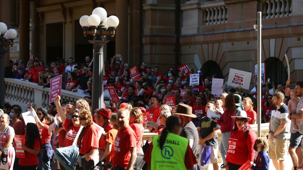 MORE THAN THANKS: The Newcastle public school teacher rally earlier this month. Picture: Jonathan Carroll.