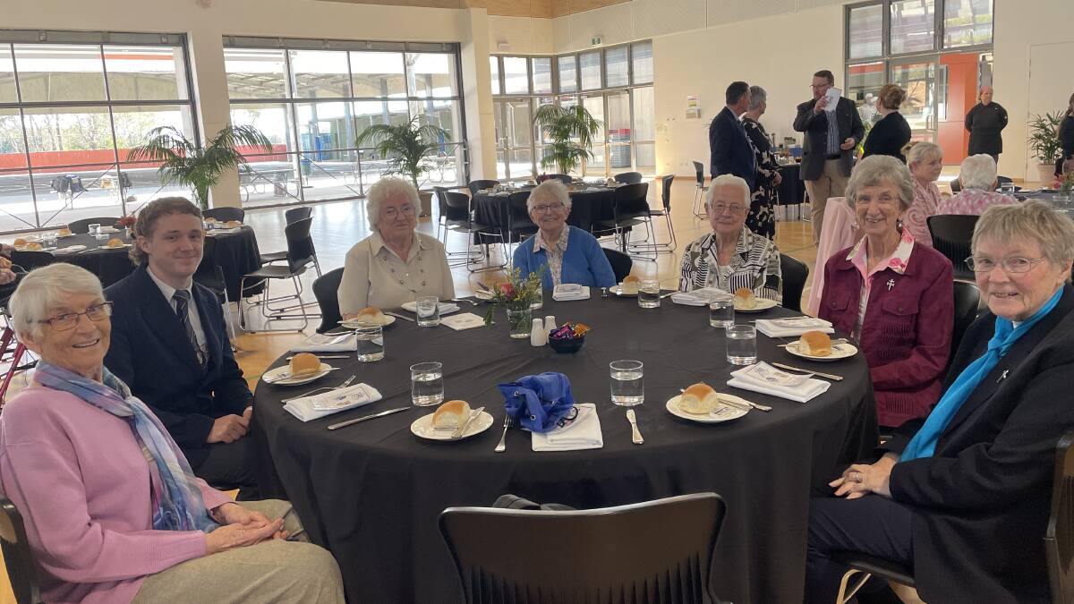 Sisters (from left) Frances Slack, Jenny Riley, Carmel Lillis, Mary Stafford and Therese McGarry with St Joseph's College captain Bailey Sorenson at lunch after the mass. Picture by Chloe Coleman