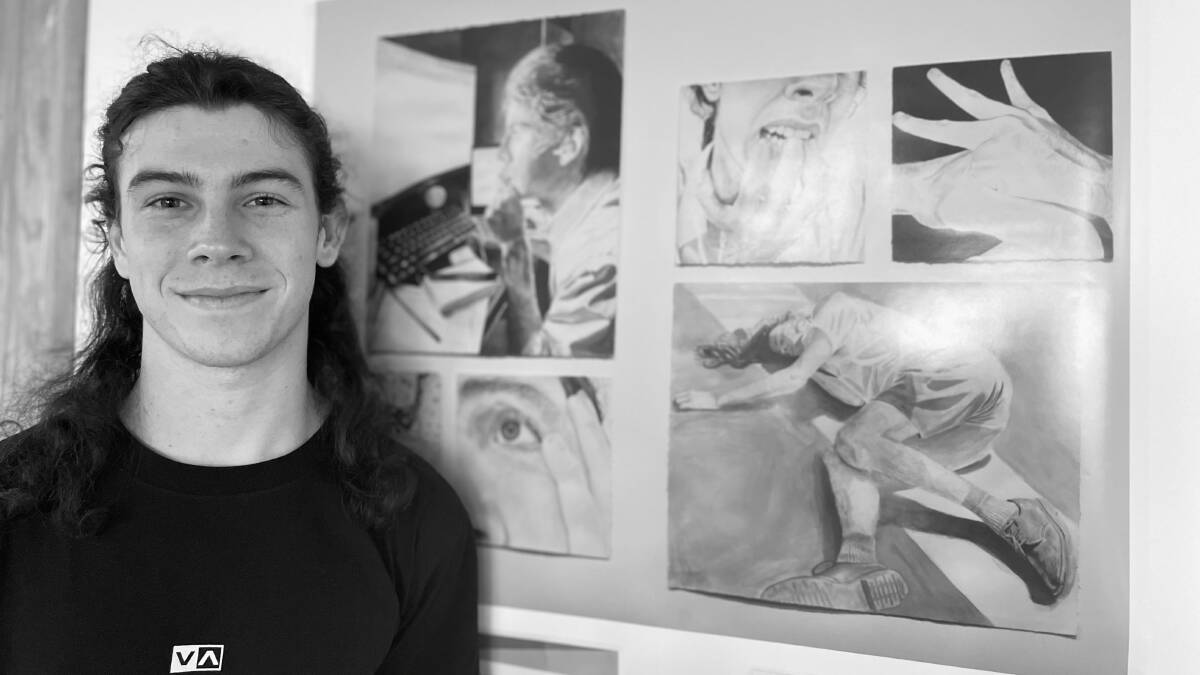 Egan White, 18, with his HSC visual arts work, which will be showcased in ARTEXPRESS. Picture supplied