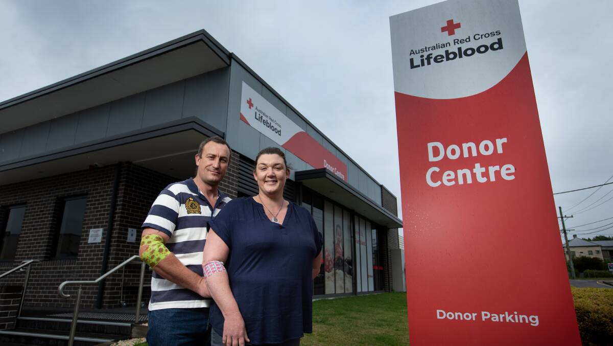 BLOODY LEGENDS: Johnno and Anna Greatbatch after donating blood at Maitland Donor Centre. Picture: Marina Neil.