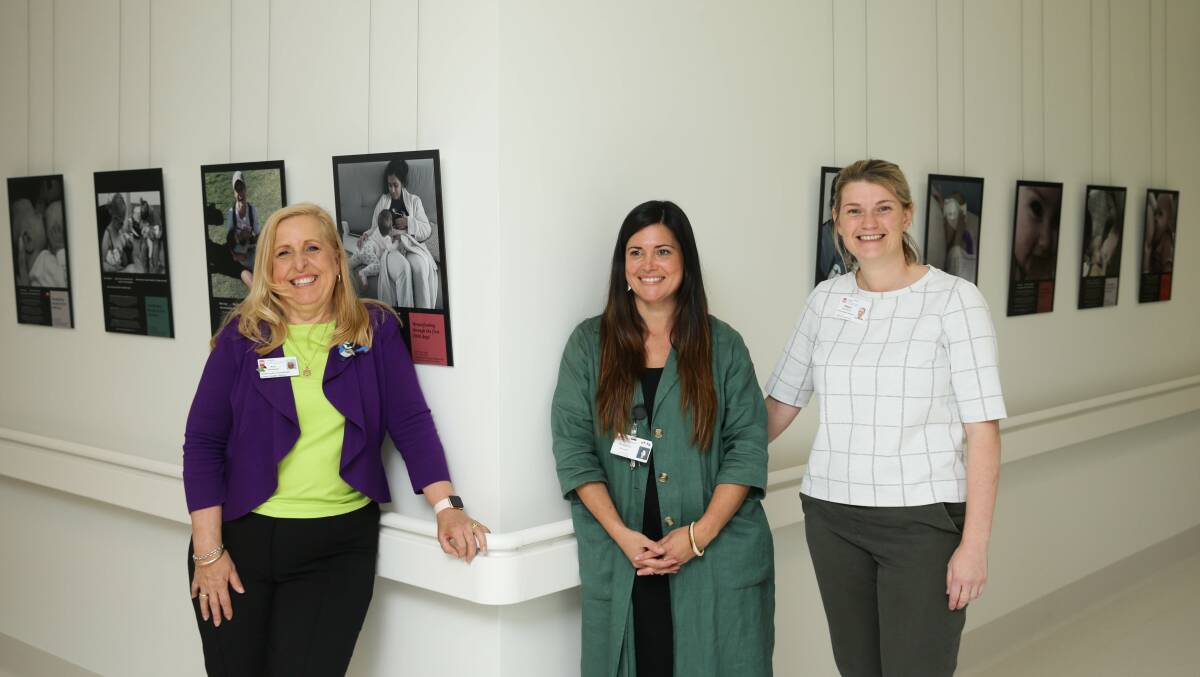 HNEH volunteer and community participation coordinator Kim Simpson, coordinator, arts for health Kiasmin Burrell and clinical midwife consultant, maternity services Alison Beverley in front of some of the images. Picture by Jonathan Carroll.
