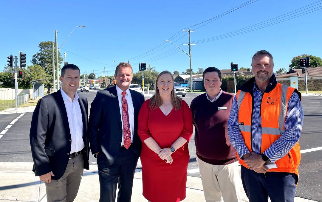 Cessnock Mayor Jay Suvaal, Member for Cessnock Clayton Barr, Regional Transport and Roads Minister Jenny Aitchison, Cessnock councillor Mitchell Hill and Transport for NSW regional director Dan Champness at the intersection. Picture by Chloe Coleman. 