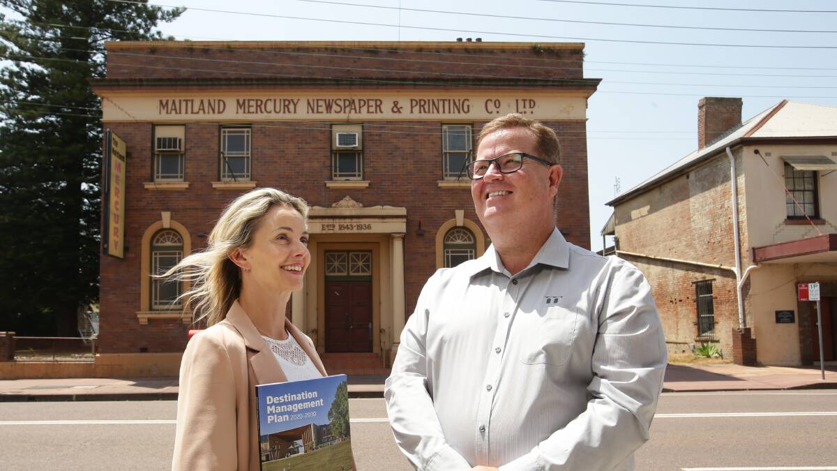 Council's manager City Experiences and Economy Caroline Booth and Maitland Mayor Philip Penfold outside the old Maitland Mercury building. Picture by Simone De Peak