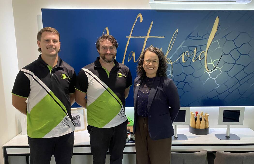 Top Blokes NSW state manager Daniel Allars and youth worker Aaron with St Bede's Catholic College assistant principal Emma South. Picture supplied.