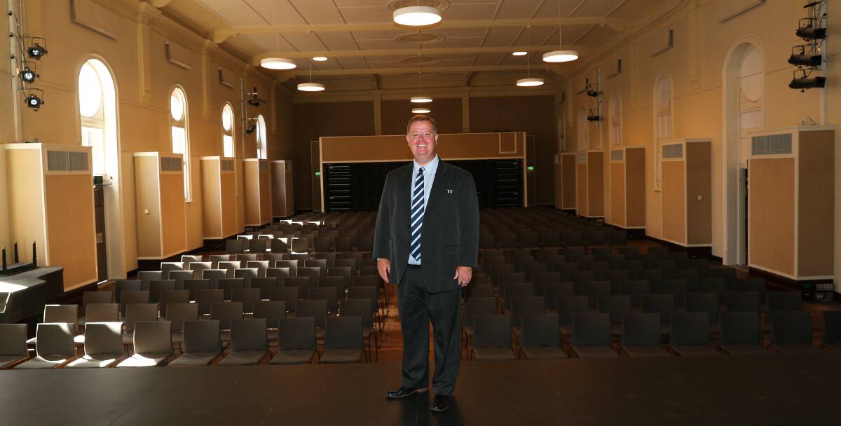 Maitland Mayor Philip Penfold on stage in the Town Hall auditorium. Picture by Peter Lorimer.