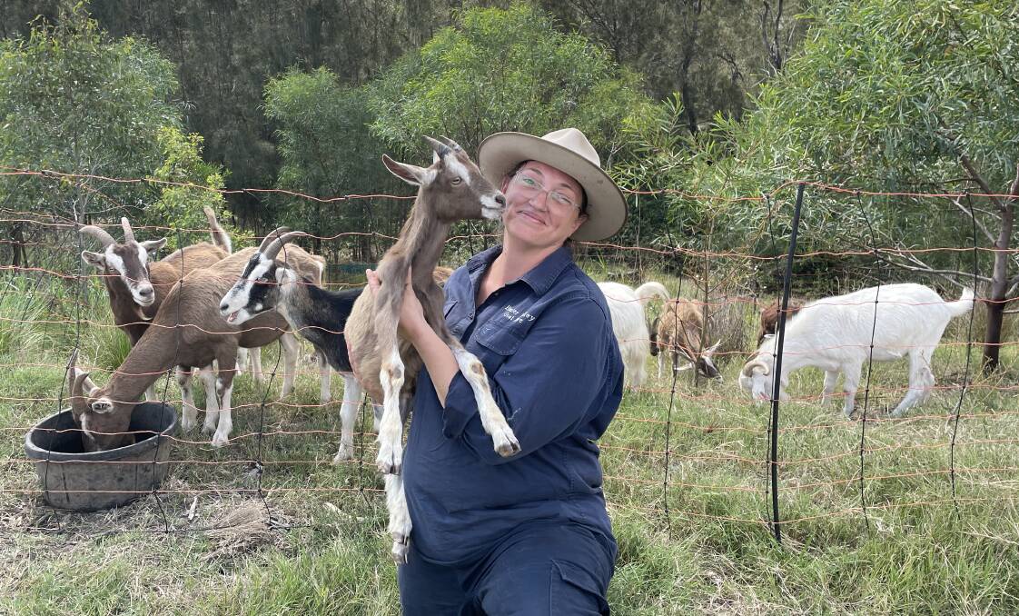 Hunter Valley Goat Hire founder Karissa MacGregor with Edam the goat and part of the herd at a job in Rutherford. Picture by Chloe Coleman